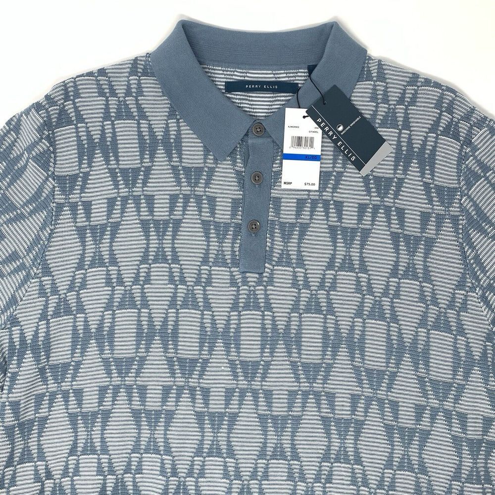 Perry Ellis Citadel Blue Mens Short Sleeve Collared Pullover Sweater Size XL‎